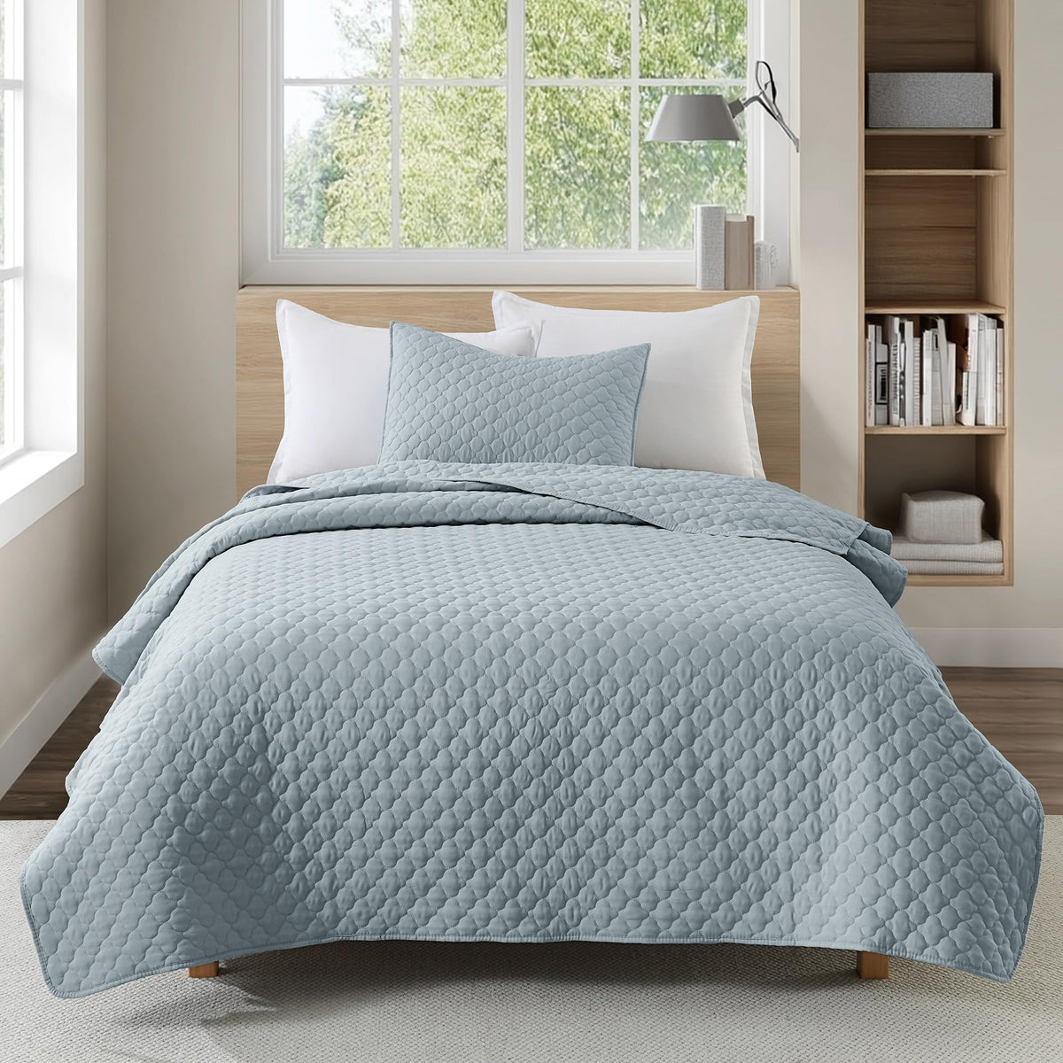 HORIMOTE HOME Quilt Twin Size Dusty Blue, Lightweight Quilt for Summer Ultra-Soft Microfiber Modern Style Quilted Clouds Pattern Bedspread Quit Set 2 Pieces (1 Quilt and 1 Pillow Sham)