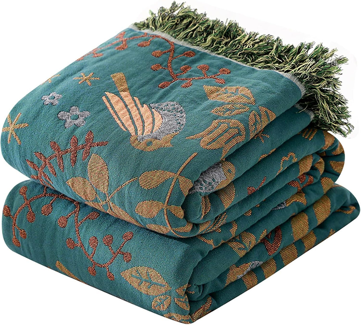 Floral Rustic Large Boho Throw Blanket 90"x98" Orange&Sage Green