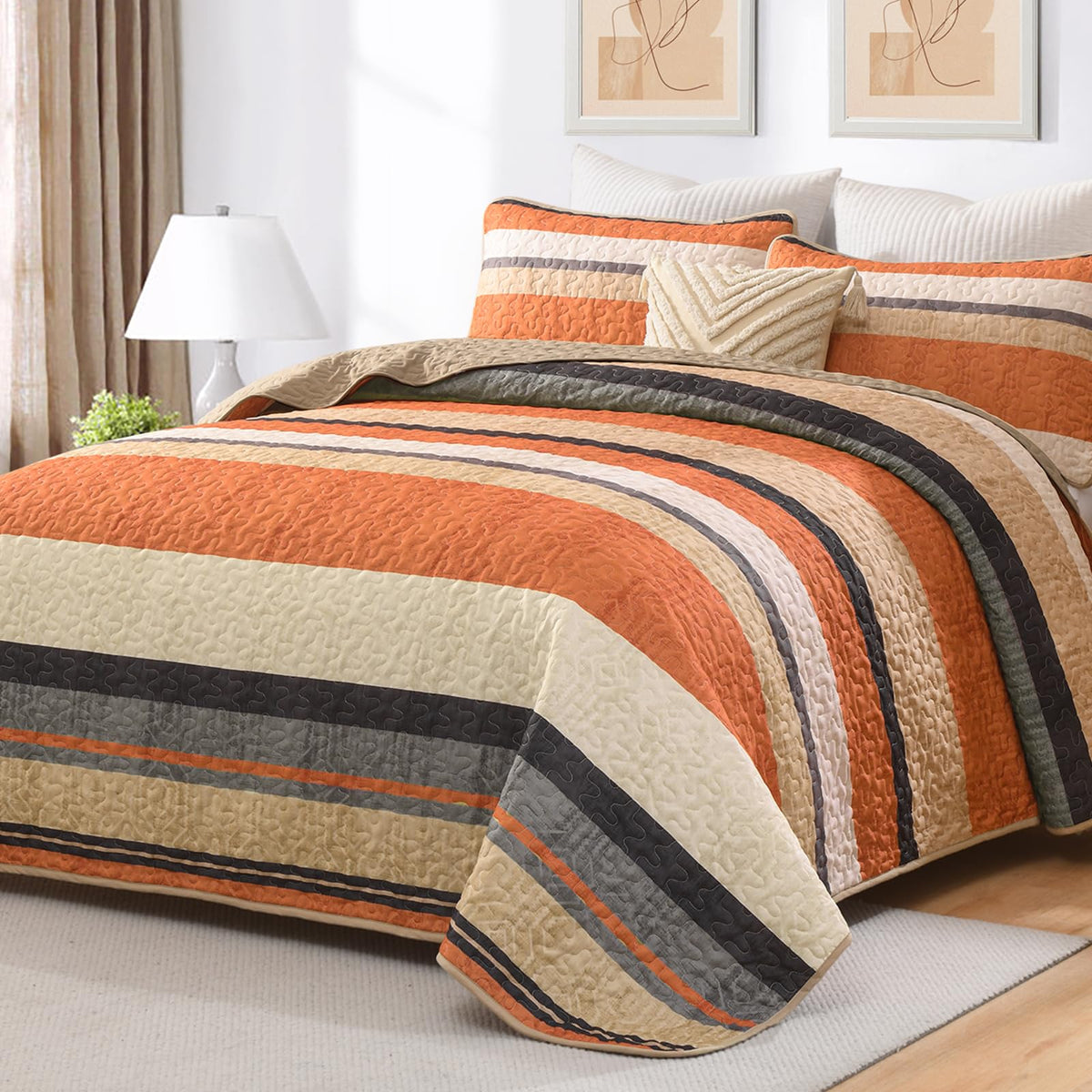 Dobuyly King Size Striped Quilt, Boho Brown Lightweight Bedspread Bedding
