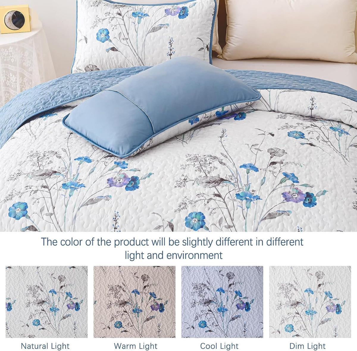 WONGS BEDDING Floral Blue Quilt Set King, 3Pcs Botanical Bedding Set