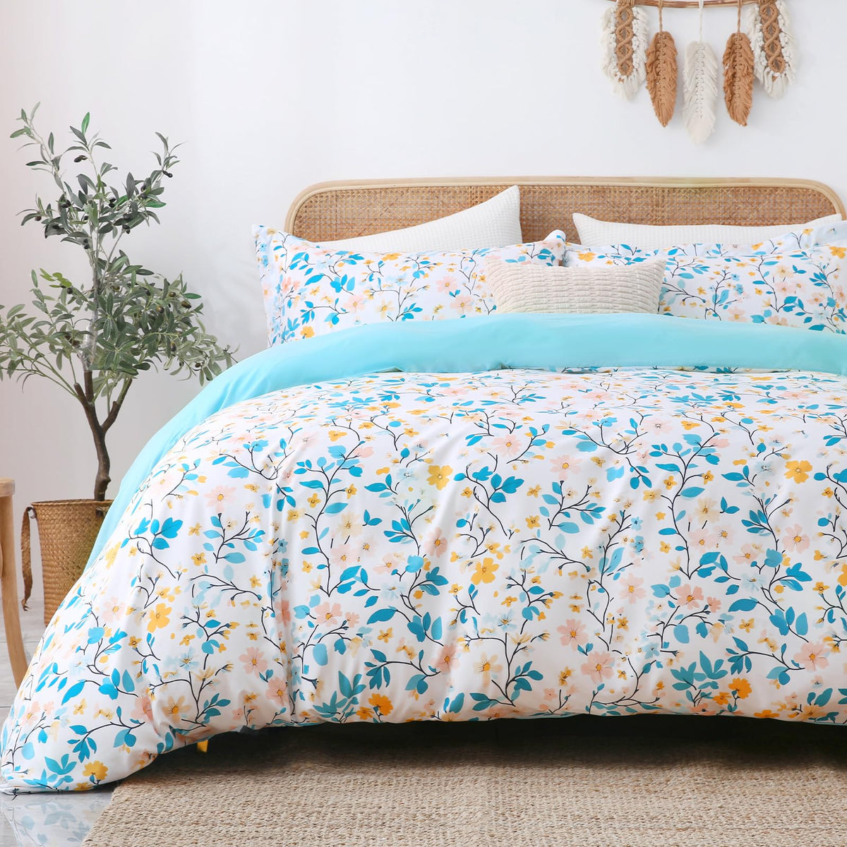 LONAVA Queen Floral 3 Pcs Duvet Cover Set, Breathable Soft Microfiber Glass Green Lining Comforter Cover with Zipper Closure, and 2 Anti-Pilling, Fade Resistant Pillowcases, Fall Floral