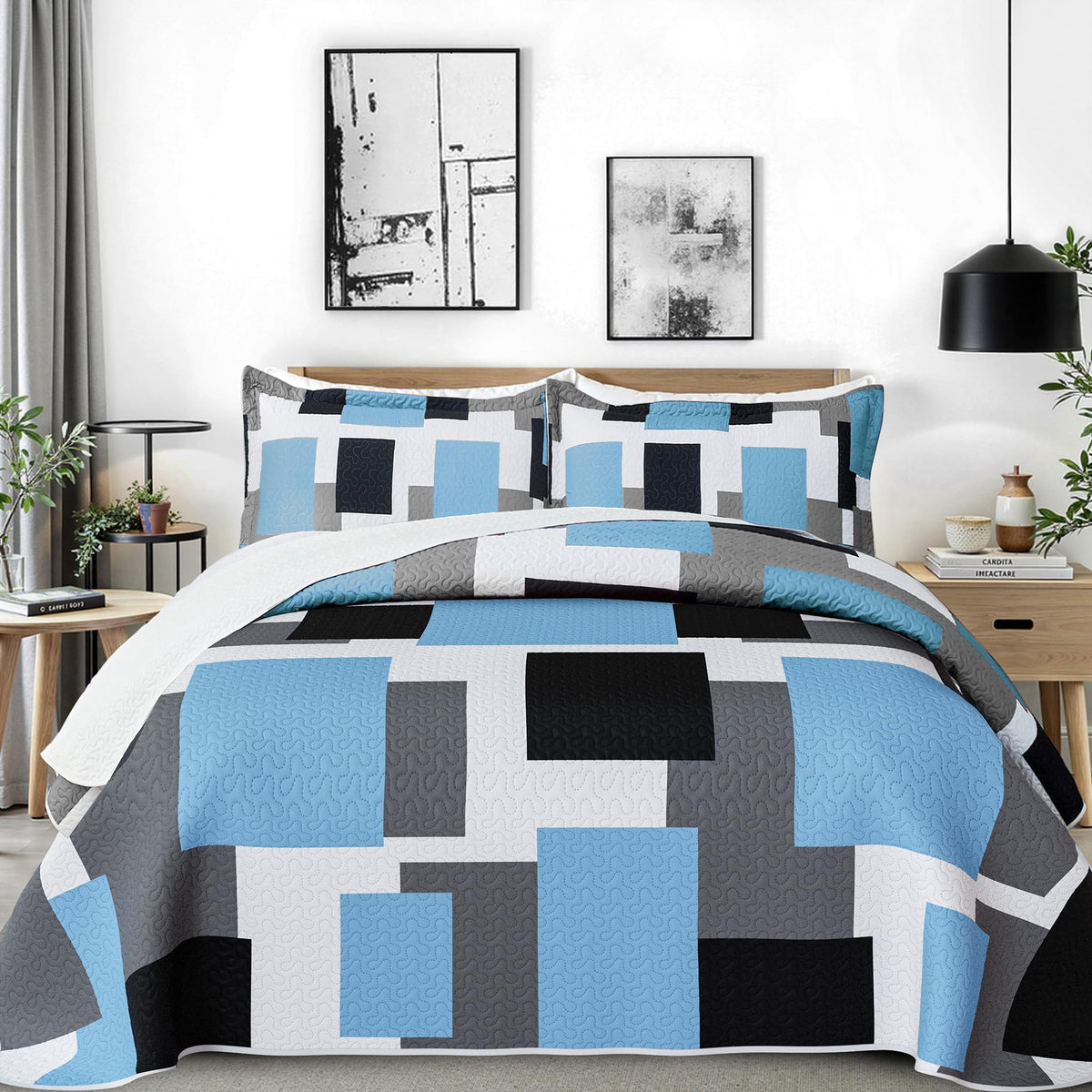 Tyrot 3 Piece Black Grey Quilt Full/Queen Size Black White Gray Bedding Set