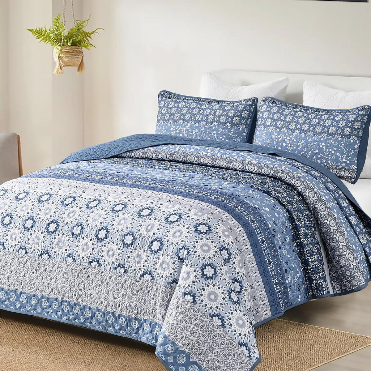 WONGS BEDDING Boho Quilt Set Queen，3 Pcs Yellow Floral Striped Bedspread
