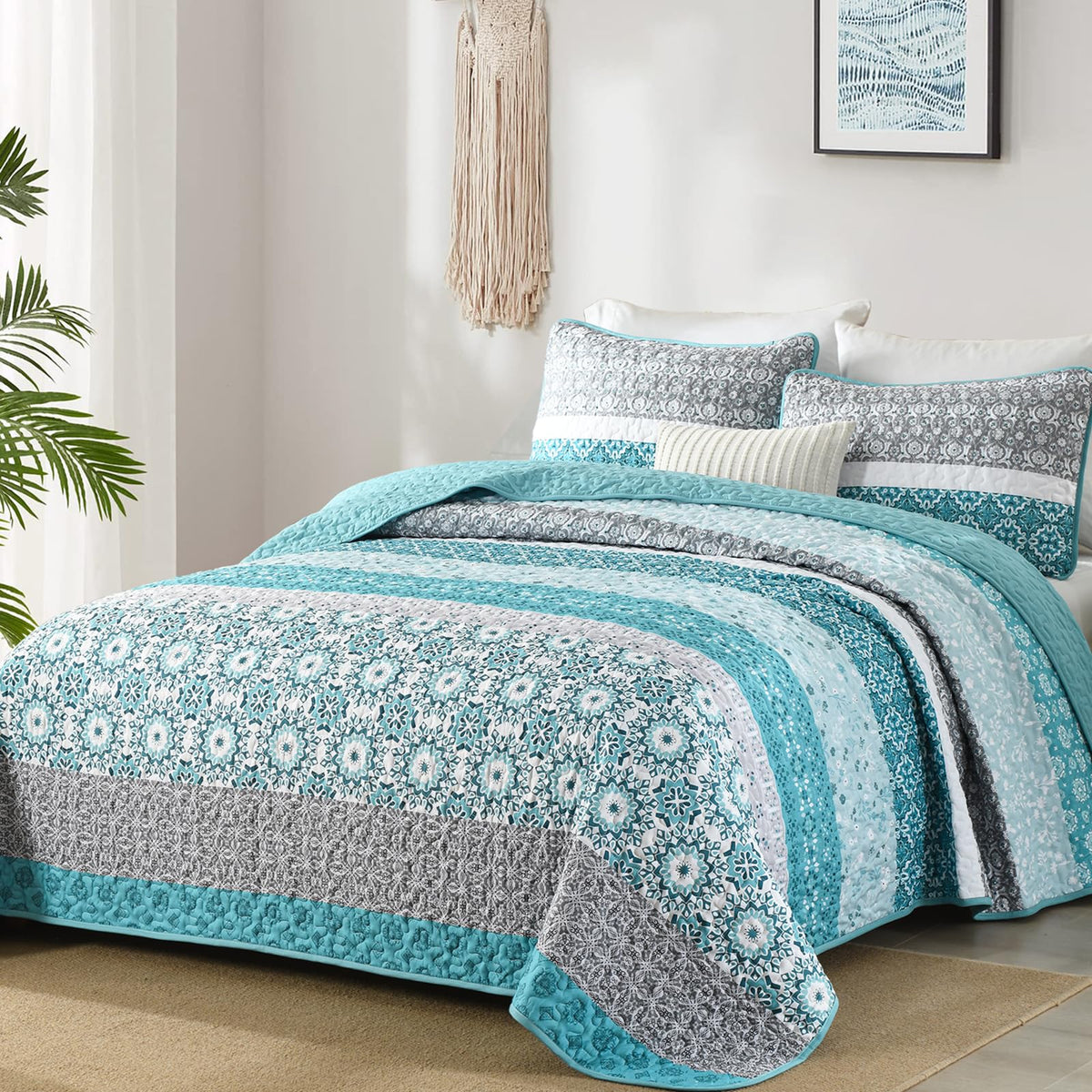 WONGS BEDDING Boho Quilt Set Queen，3 Pcs Yellow Floral Striped Bedspread