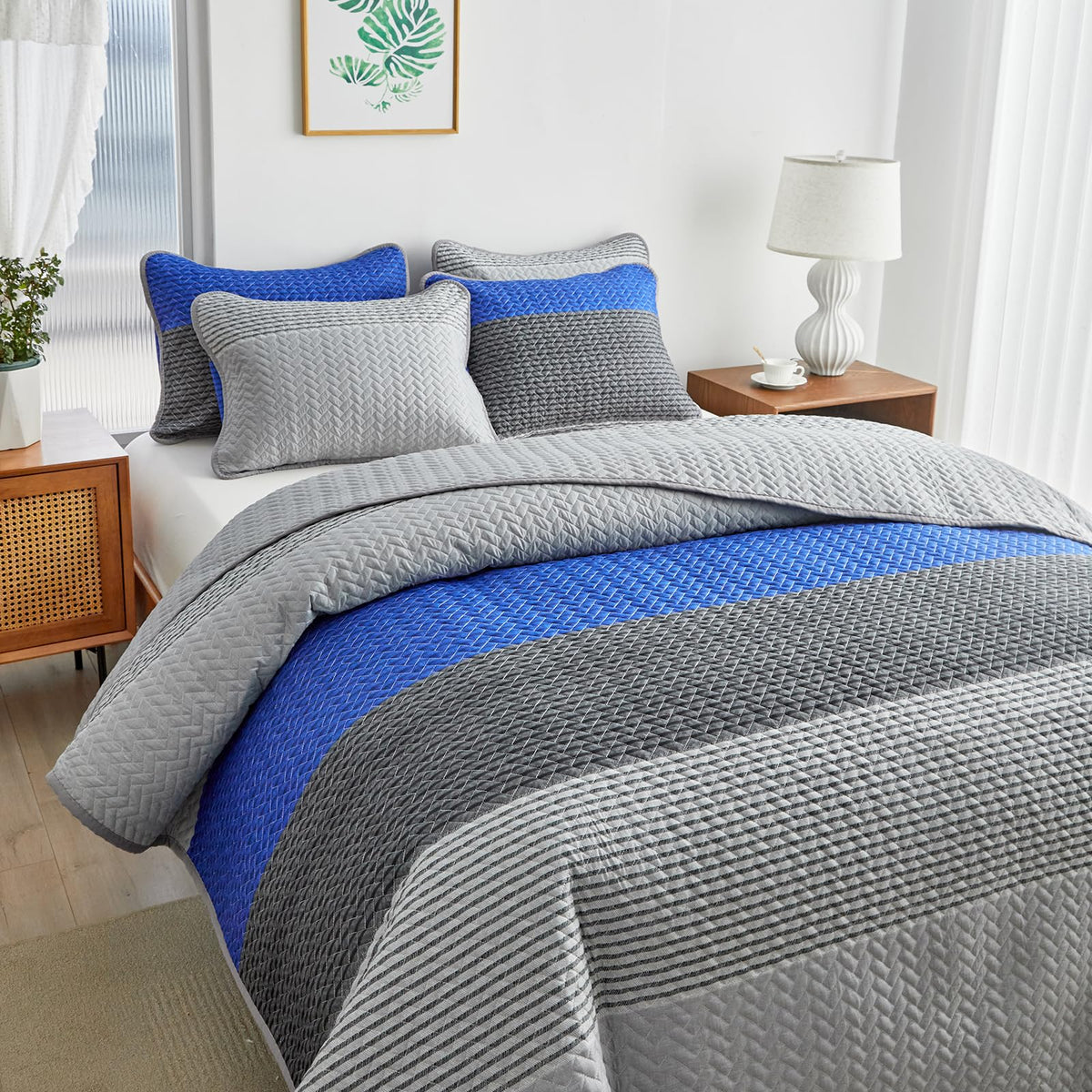 Flysheep Dark Grey Boho Quilt Set Full Queen Size, 3 Pcs White Striped on Gray Reversible Bedspread, Brushed Microfiber Coverlet for All Season, 1 Quilt + 2 Pillow Shams