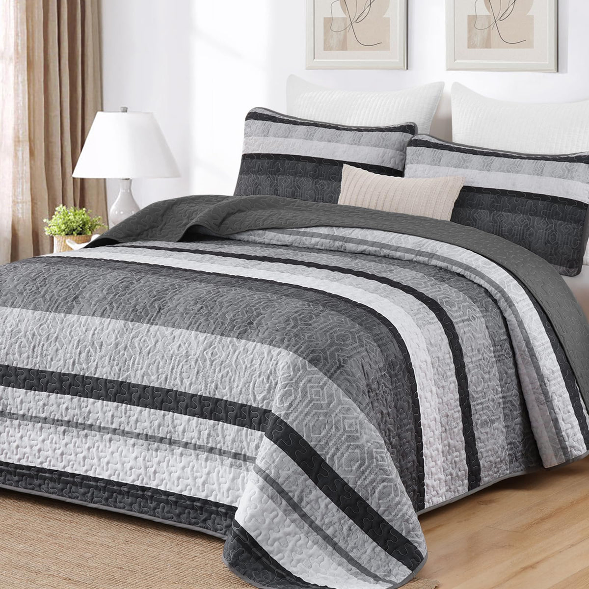 Dobuyly King Size Striped Quilt, Boho Brown Lightweight Bedspread Bedding