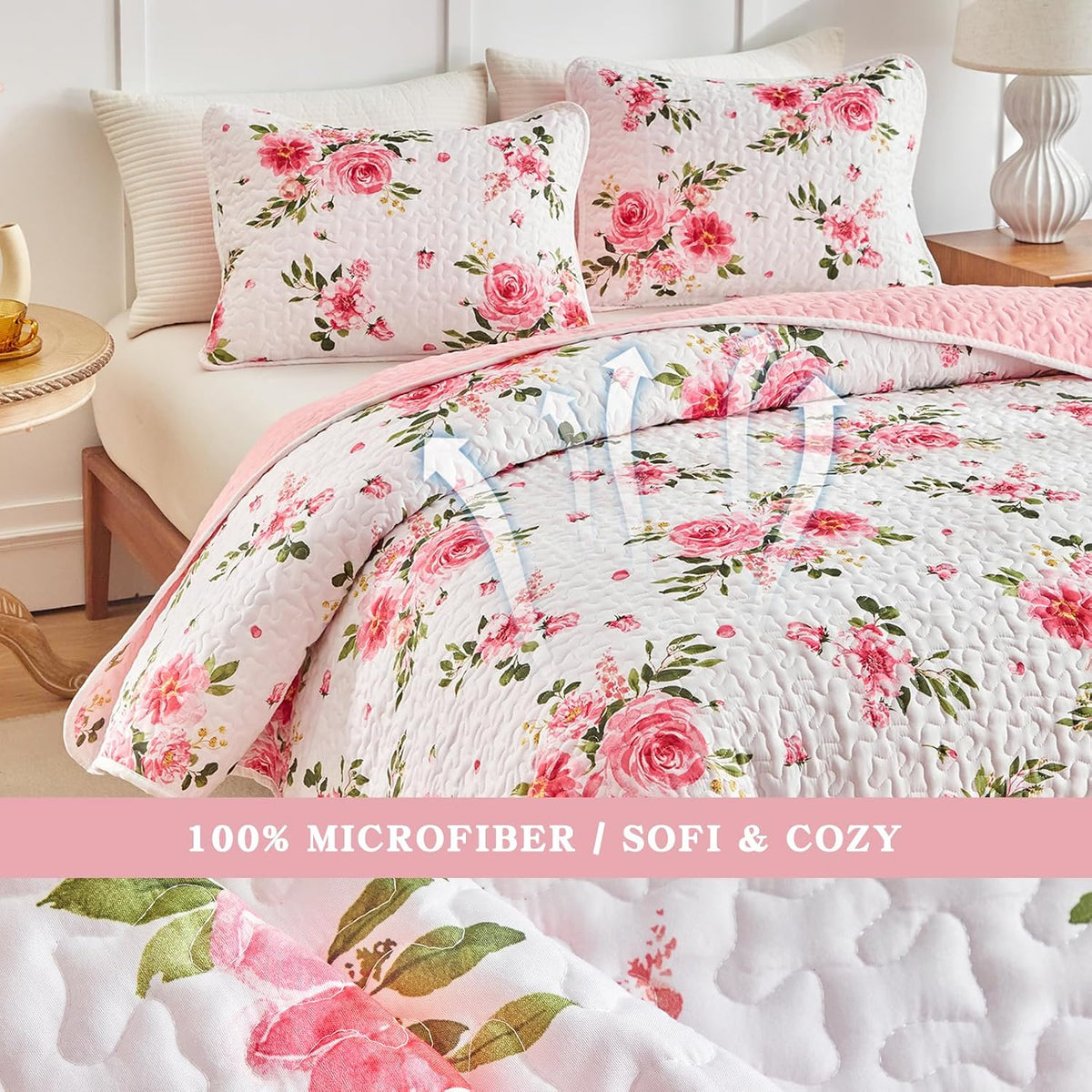 UOZZI BEDDING Floral Quilt Set 3 Pieces Queen Size White Pink Flower Soft Microfiber Lightweight Summer Reversible Coverlet Bedspread for All Season -1 Quilt 88 * 88 + 2 Pillow Shams