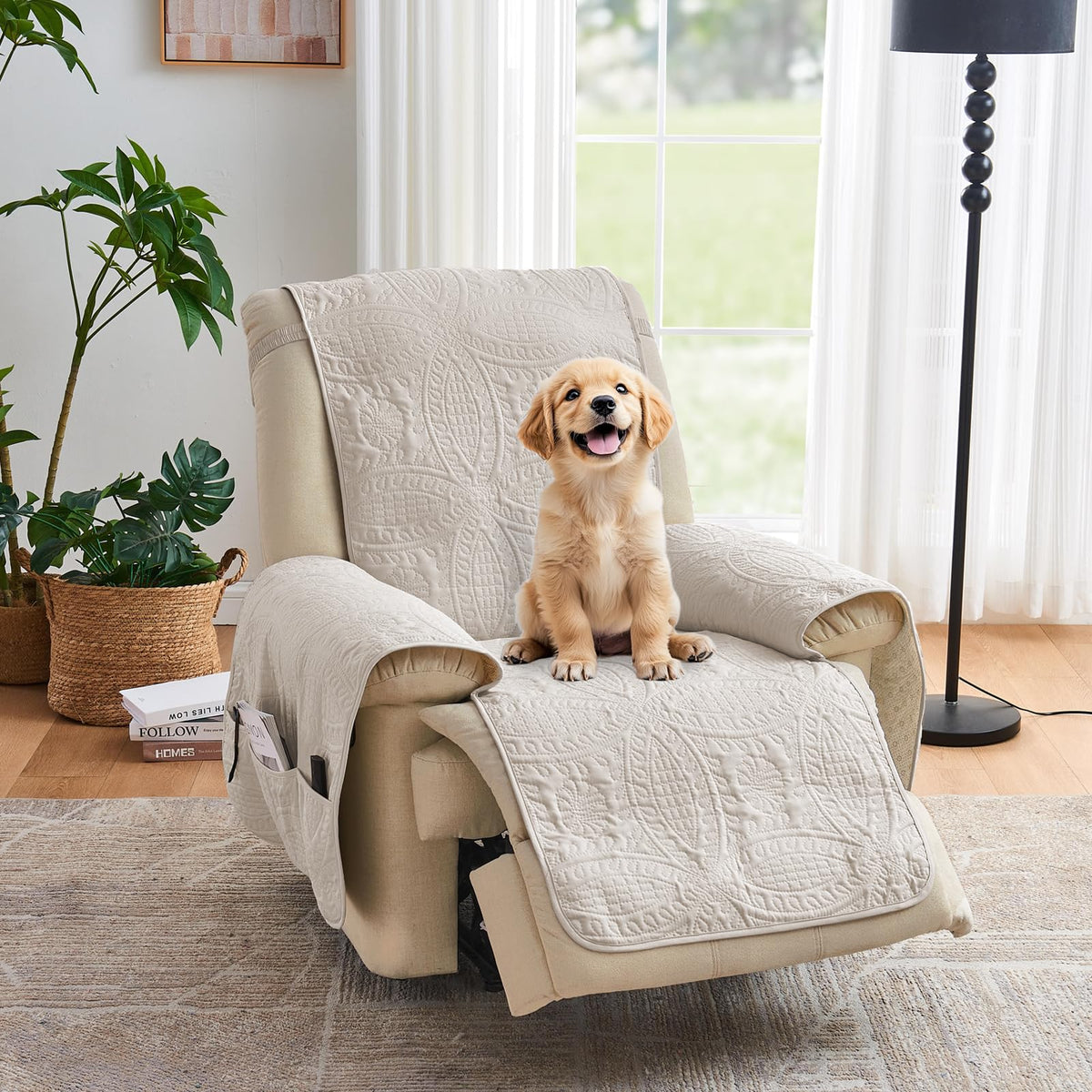 Soft Quilted Couch Cover with Pockets for Extra-Large Sofa, Anti-Slip Sofa Covers Washable for 3 Cushion Pet Friendly Medallion Oversized Sofa Cover Water-Repellent (X-Large Sofa 78", Ivory White)