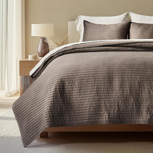 EVERGRACEHOME Cotton Sateen Quilt Set, King Size, Mocha Brown