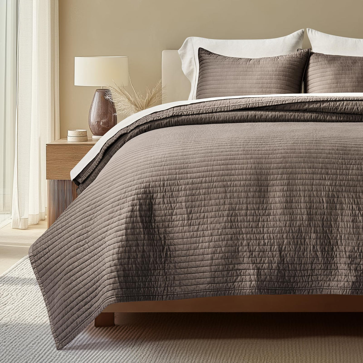 EVERGRACEHOME Cotton Sateen Quilt Set, King Size, Olive Green