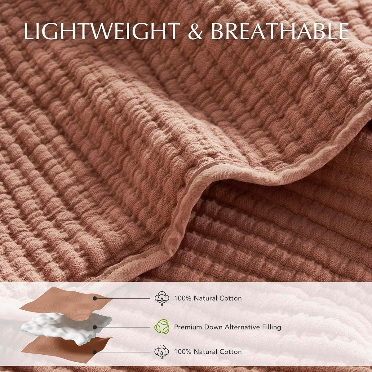 EVERGRACEHOME Cotton Ribbed Matelassé Coverlet Set, Queen Size, Clay