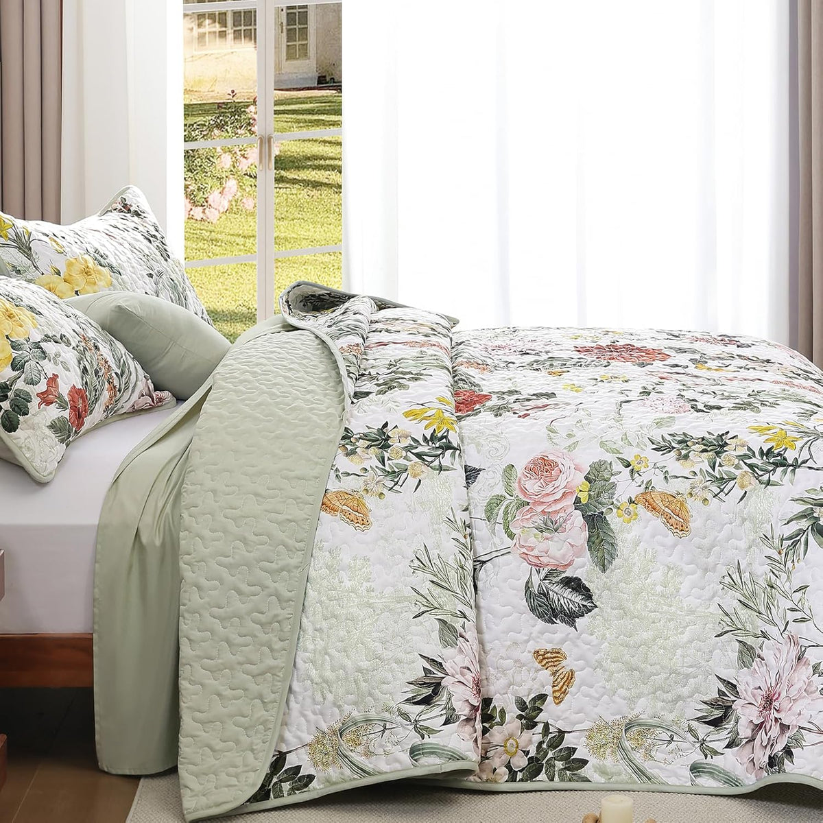 Anibedding Sage Green King Quilt Sets,3 Piece Floral Farmhouse Botanical Lightweight Bedspread Coverlet with 2 Shams Microfiber Spring Summer Bedding Set for All Season(110"x90")