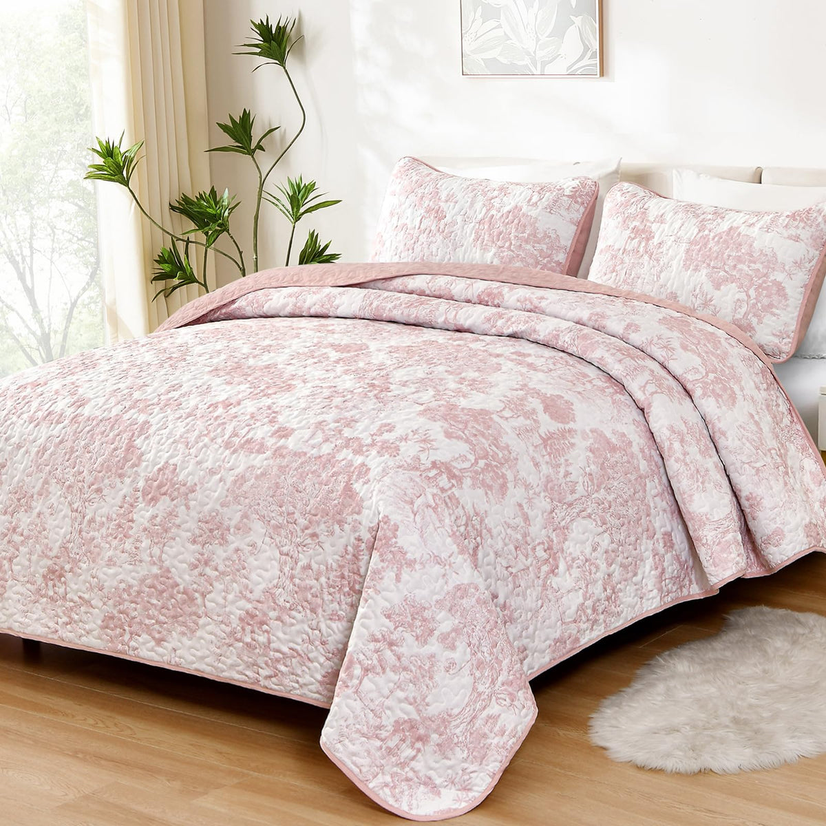WONGS BEDDING Sage Green Quilt Set King Size, Botanical Floral Bedspread
