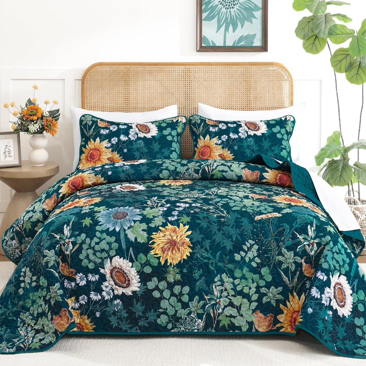Yiran Beige Floral Quilt King Size, Sunflower Bedspreads Bedding Set