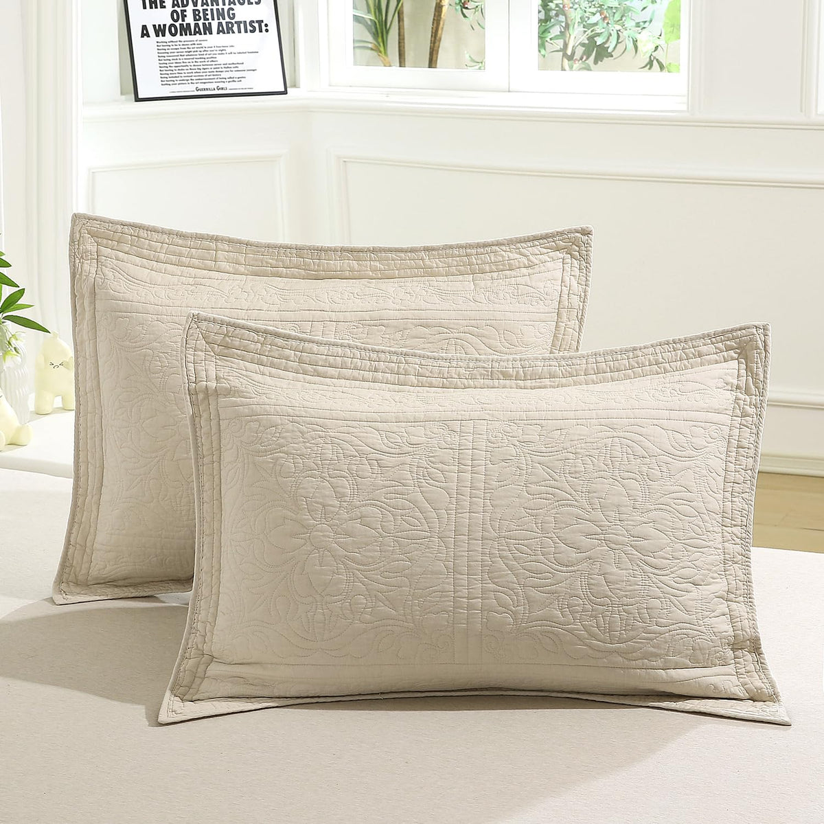 WINLIFE 100% Cotton Quilted Pillow Sham Floral Printed Pillow Cover Sage Green, Standard Size, 20 x 26 Inch