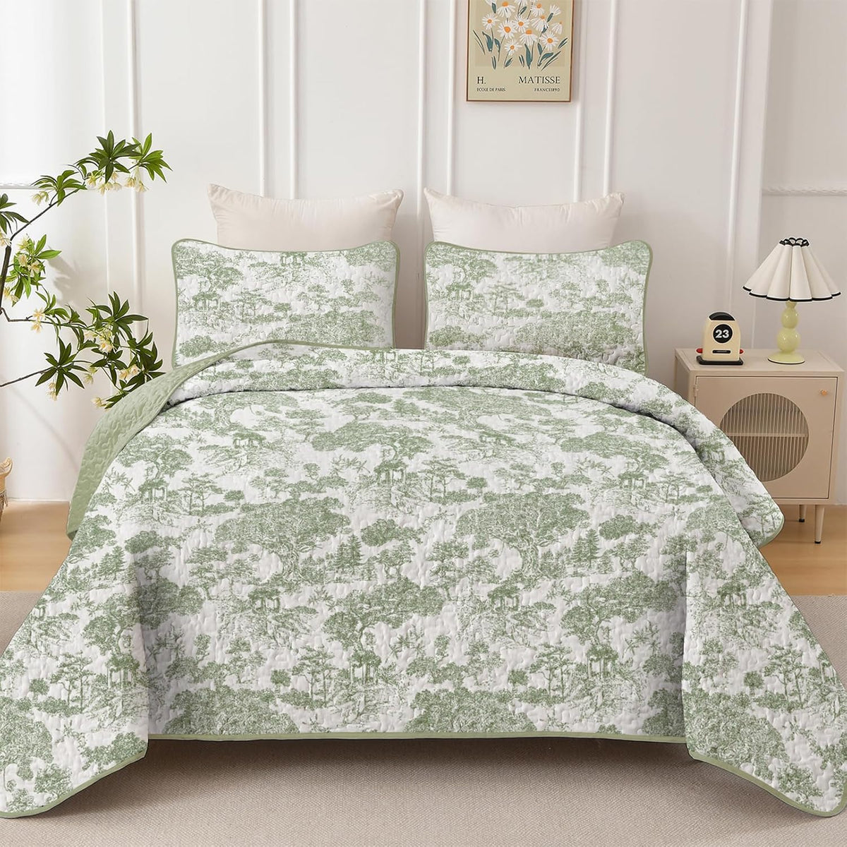 WONGS BEDDING Sage Green Quilt Set King Size, Botanical Floral Bedspread