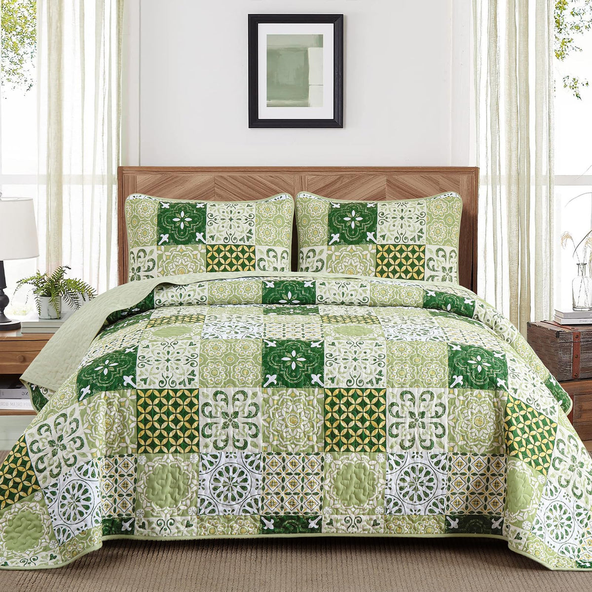 Dobuyly Queen Quilt Set Aqua Blue Patchwork Bedspread 3 Piece