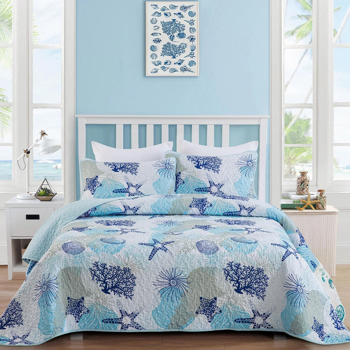 Dinjoy Coastal Quilts Queen Size, Blue Green Ocean Beach Themed Bedding Set