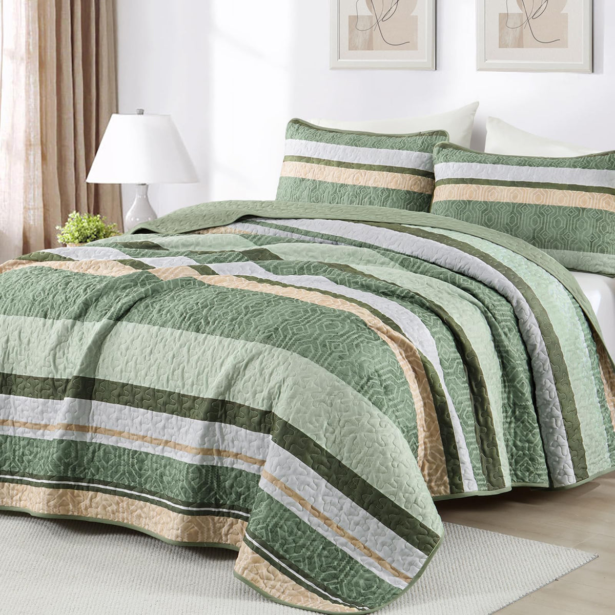 Dobuyly King Size Striped Quilt, Boho Brown Lightweight Bedspread Bedding
