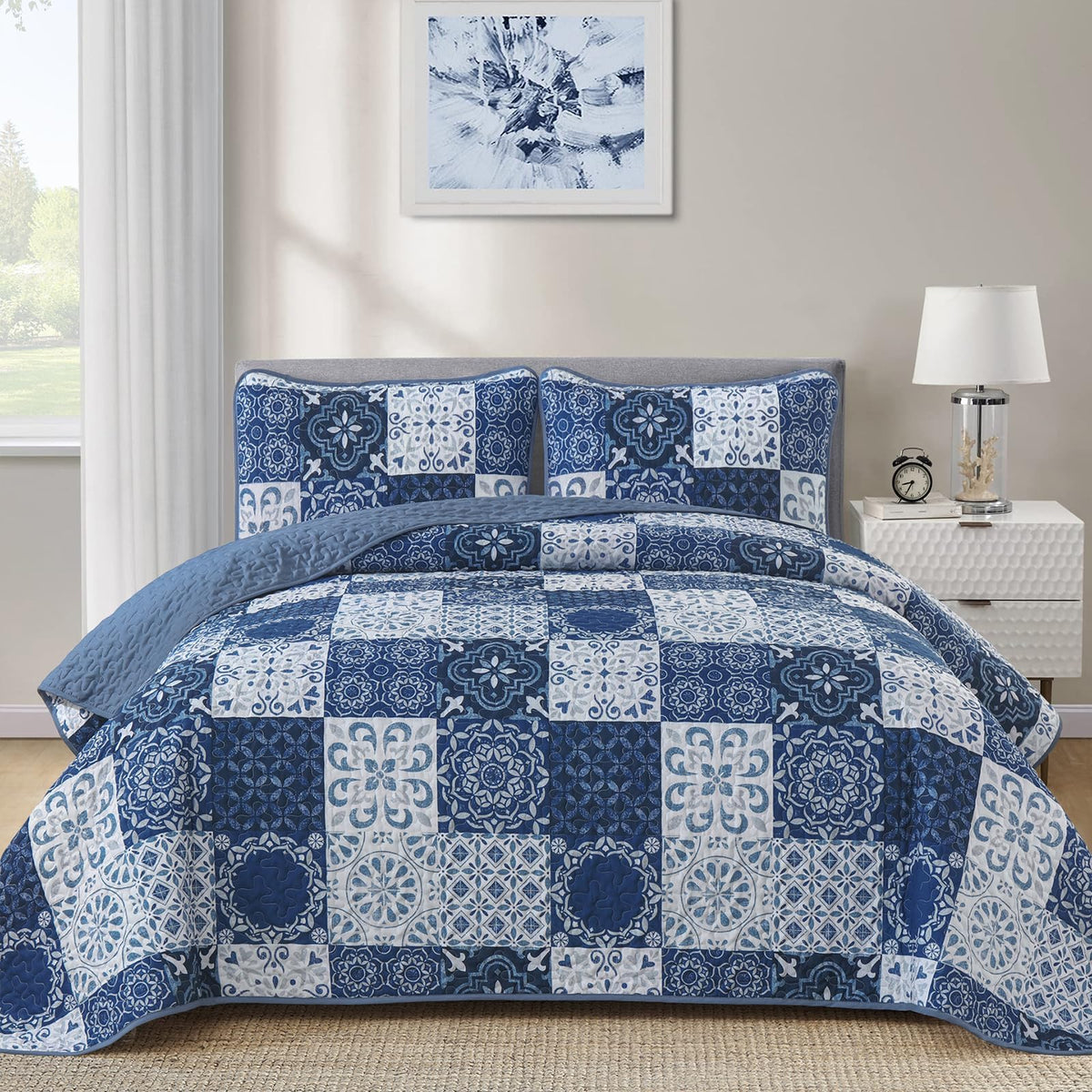 Dobuyly Queen Quilt Set Aqua Blue Patchwork Bedspread 3 Piece