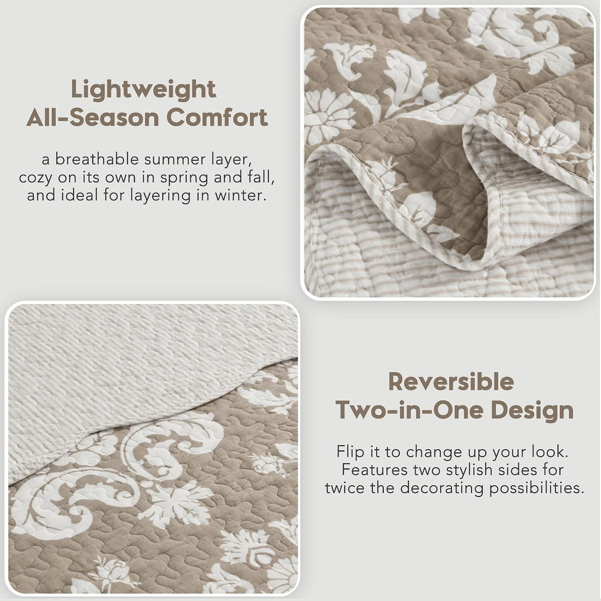 100% Cotton King Quilt Set Taupe Floral Bedding and 2 Pillow Shams