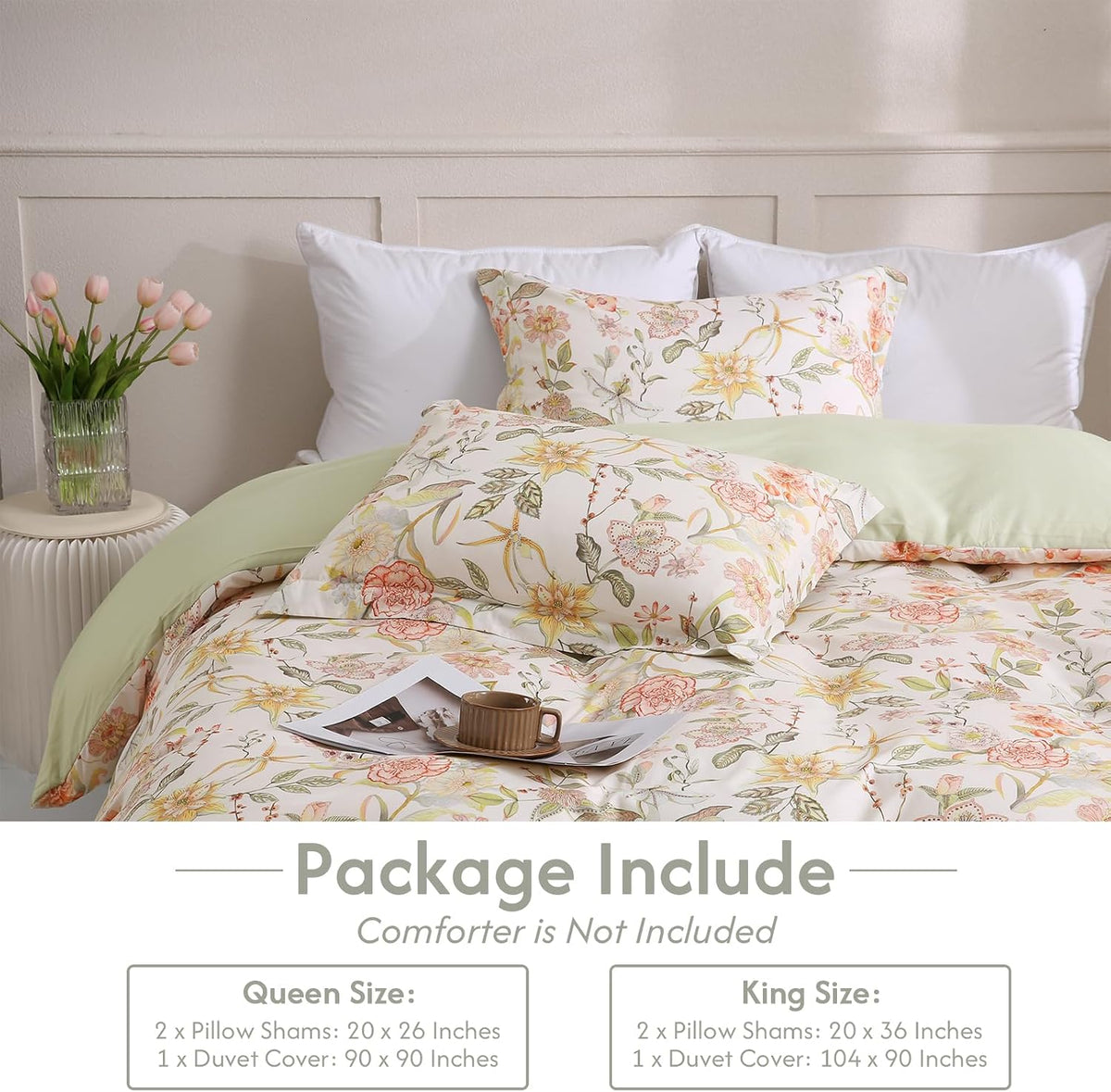 LONAVA Queen Floral 3 Pcs Duvet Cover Set, Breathable Soft Microfiber Glass Green Lining Comforter Cover with Zipper Closure, and 2 Anti-Pilling, Fade Resistant Pillowcases, Fall Floral