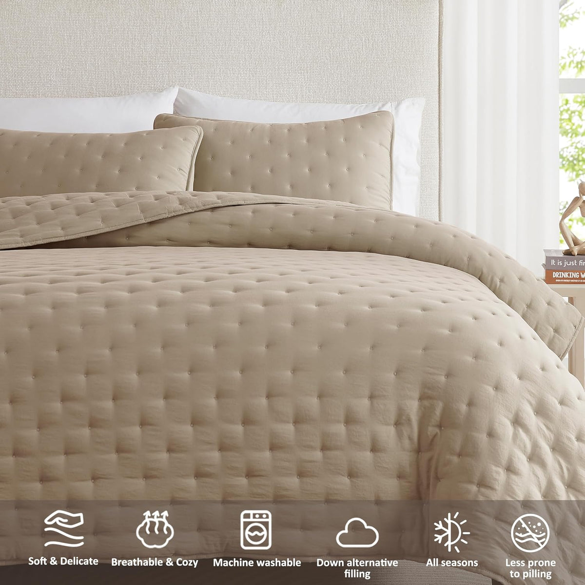 WDCOZY Beige Cloud Queen Size Quilt Set, Tan Lightweight Farmhouse Bedspread, Rustic Country Coverlet, Taupe Camel Soft Bedding, Thin Comforter for All Season - 3 Pieces, 90x90 inches