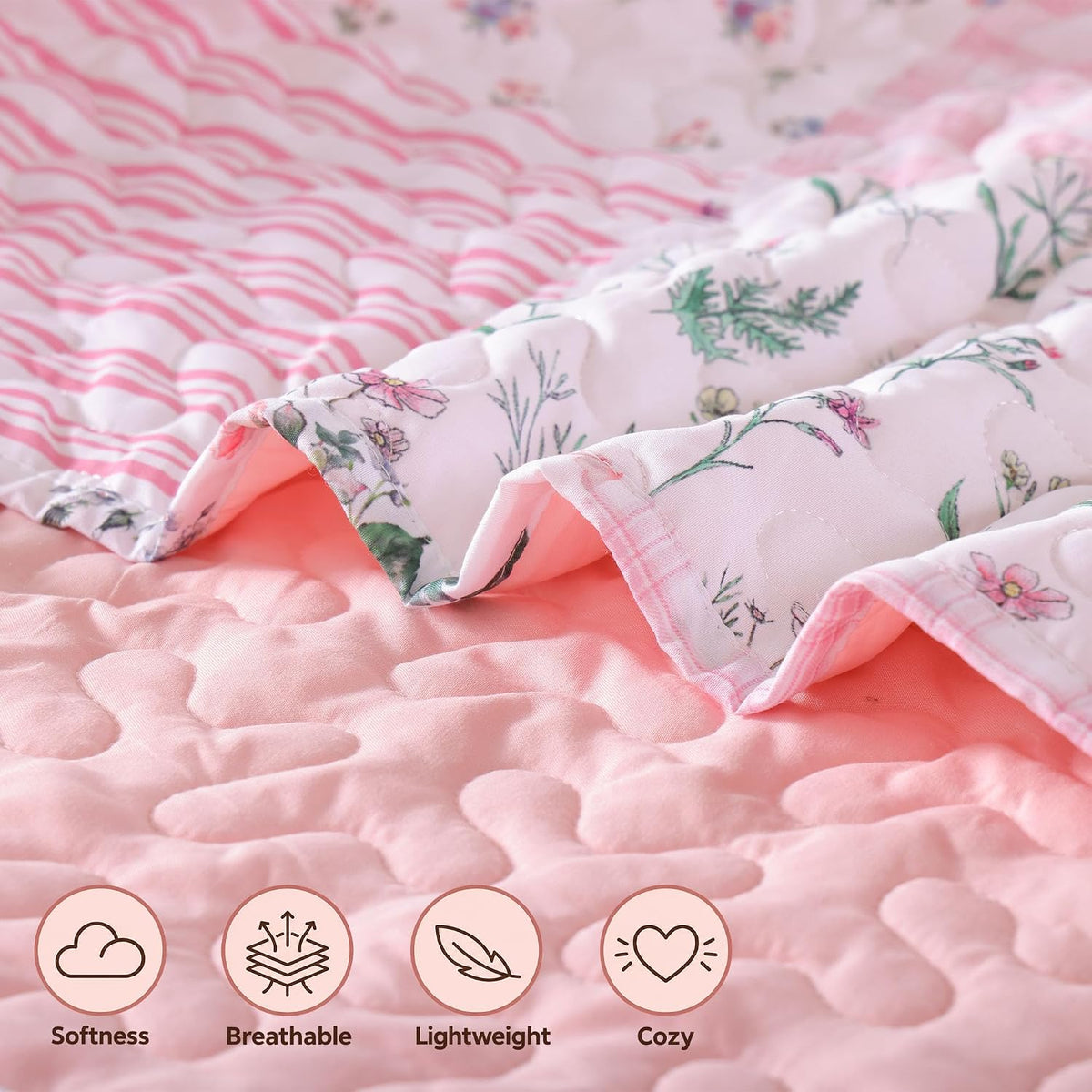 YIKUSH Floral Quilt Set Queen Size – Ultra Soft Lightweight Bedspread, 3 Piece Pink Bedding Set (90"x90") with Pillowcases (20"x26"), All Season Coverlet for Bedroom & Guest Room