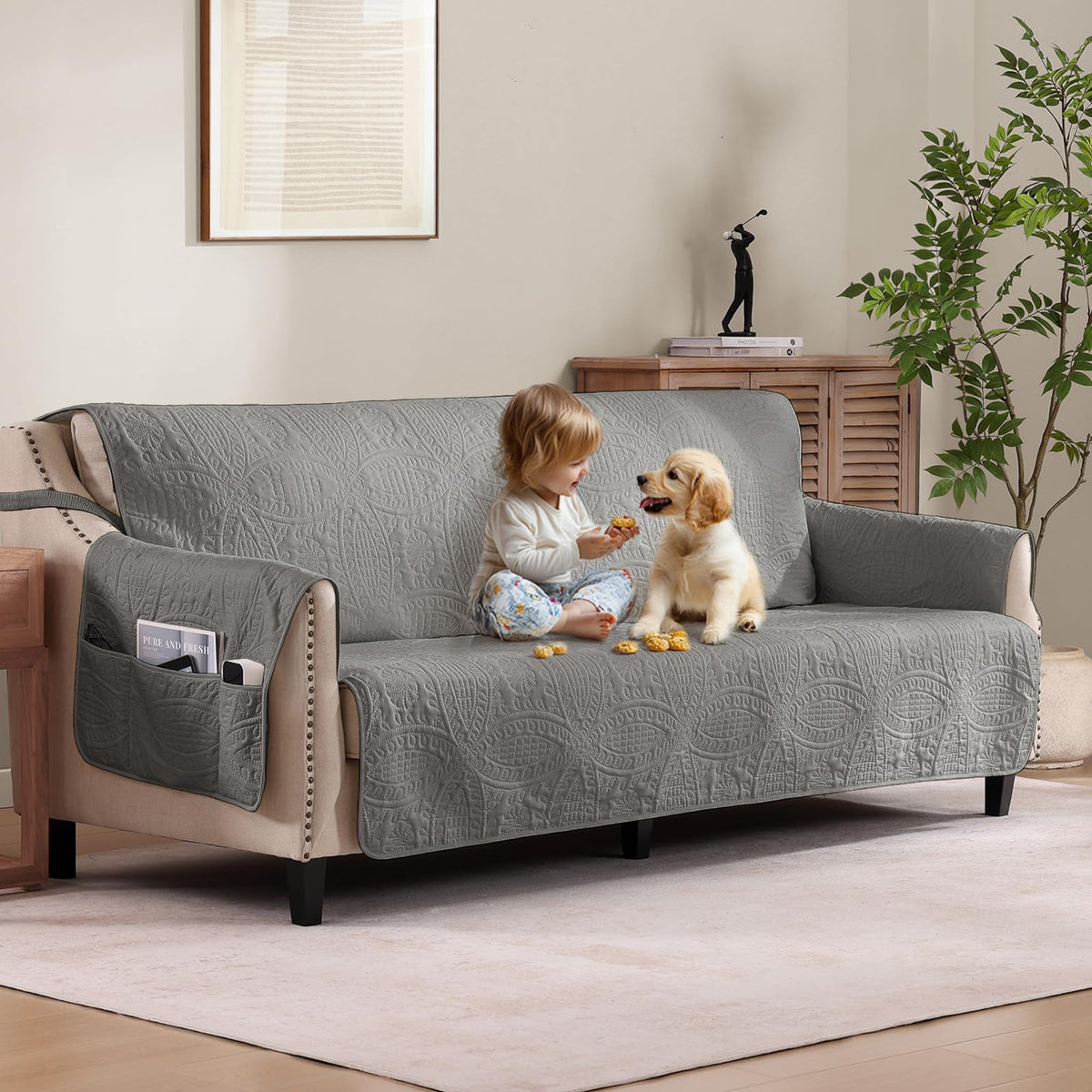 Soft Quilted Couch Cover with Pockets for Extra-Large Sofa, Anti-Slip Sofa Covers Washable for 3 Cushion Pet Friendly Medallion Oversized Sofa Cover Water-Repellent (X-Large Sofa 78", Ivory White)