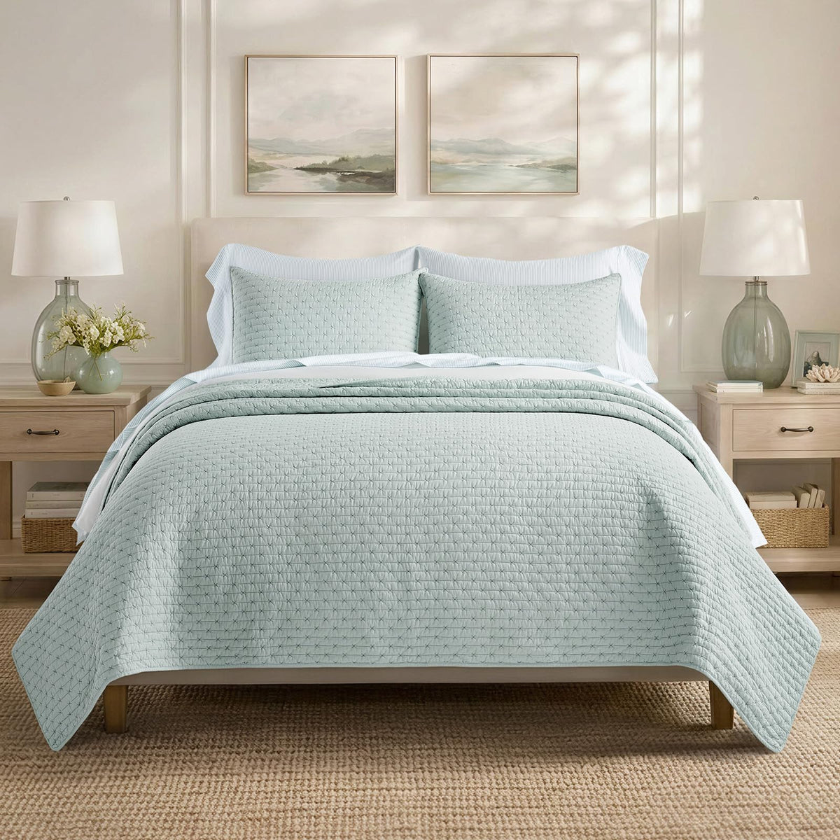 EverGrace 100% Cotton Cross Stitch 3-Piece Quilt, 118"x106", Bright White