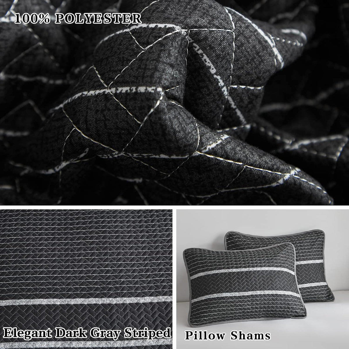 Flysheep Dark Grey Boho Quilt Set Full Queen Size, 3 Pcs White Striped on Gray Reversible Bedspread, Brushed Microfiber Coverlet for All Season, 1 Quilt + 2 Pillow Shams
