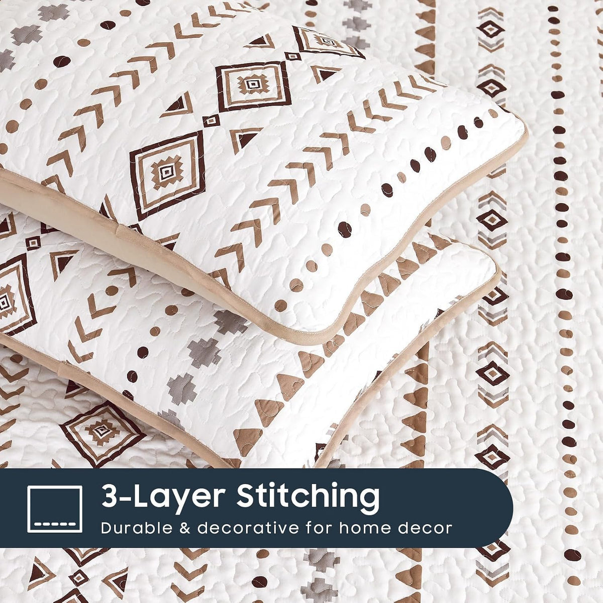 Wake In Cloud - Western Quilt Set, Boho Southwestern Aztec Rustic Farmhouse Geometric Pattern, Reversible Lightweight Bedspread Coverlet, 3 Pieces, Taupe Brown, King Size