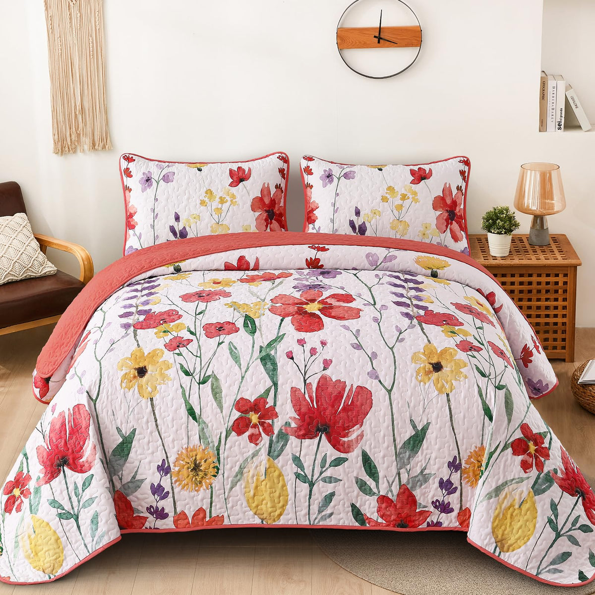 Anibedding Floral Quilt Set King, 3 Pieces Yellow Lightweight Bedspread