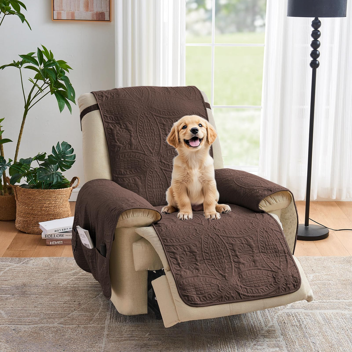 Soft Quilted Couch Cover with Pockets for Extra-Large Sofa, Anti-Slip Sofa Covers Washable for 3 Cushion Pet Friendly Medallion Oversized Sofa Cover Water-Repellent (X-Large Sofa 78", Ivory White)