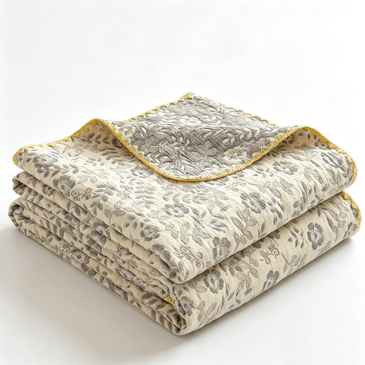 100% Cotton Muslin Blanket Twin Size 4-Layer Gauze Quilted Lightweight Breathable Cooling Bed Blanket for Adults, Soft Summer Bed & Couch Cover All Season (Yellow-Gray, Twin 60 * 80 in)