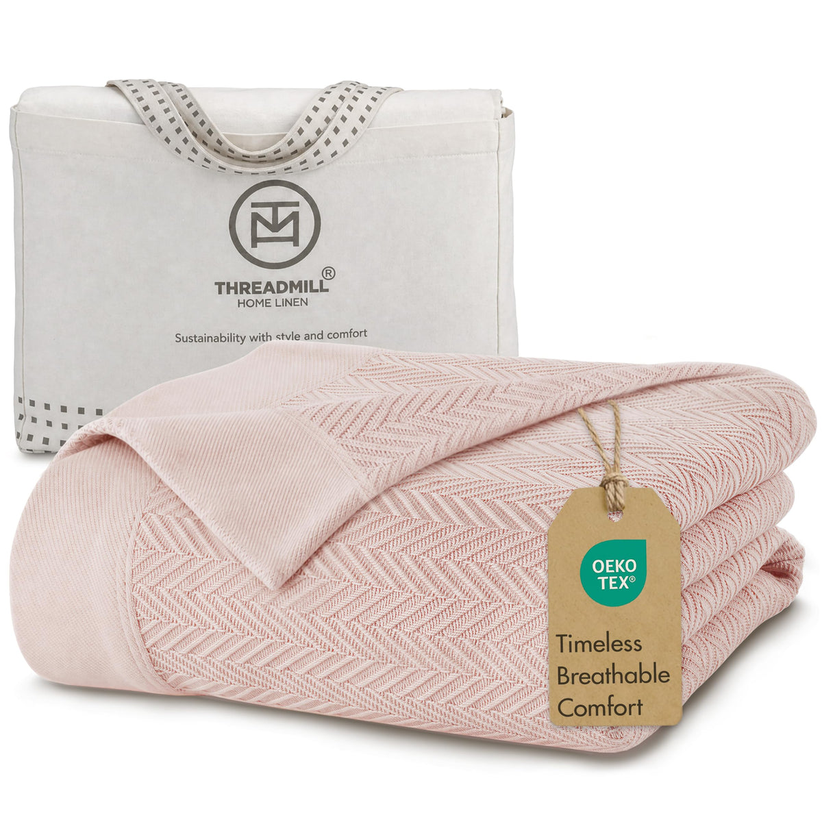 Threadmill Luxury 100% Cotton Twin Herringbone Blanket, Lilac