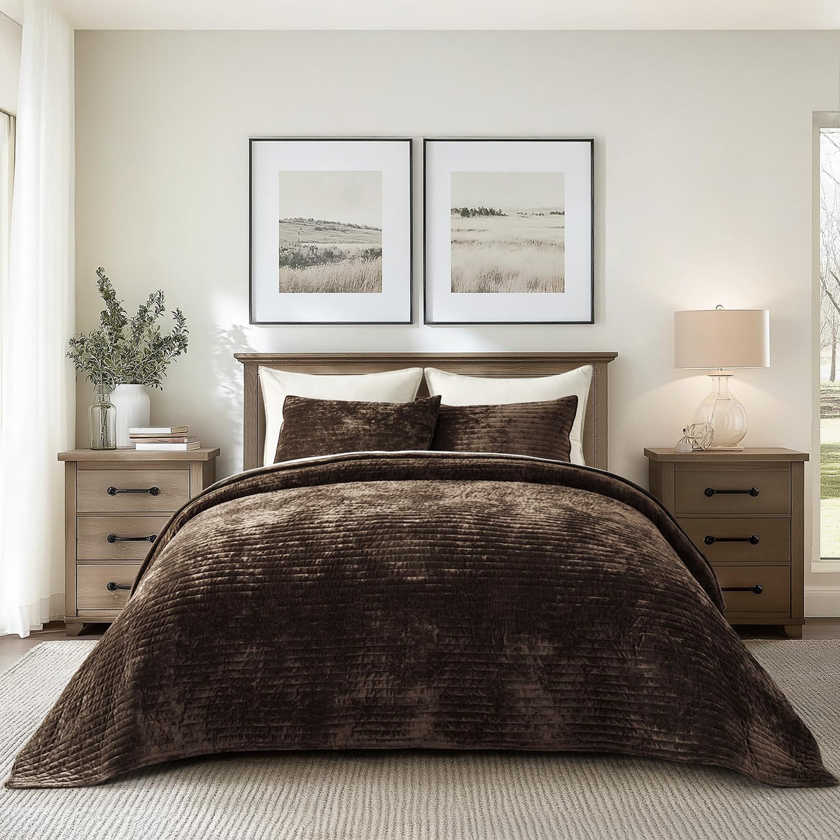 EverGrace Stripe Channel Luxury Velvet Quilt Set King Size, Mocha Brown