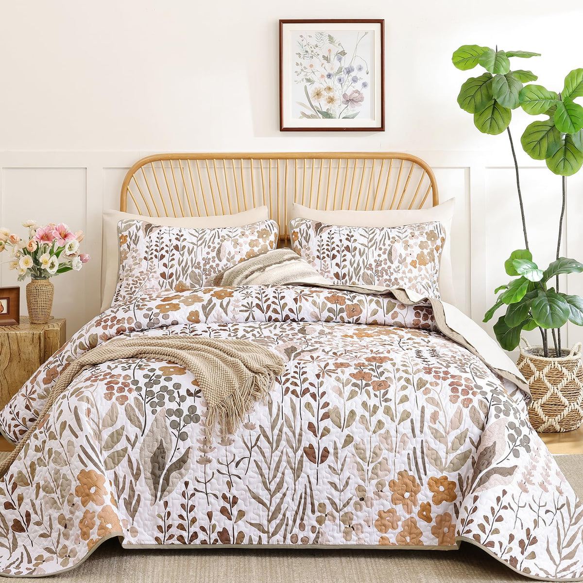 Xruibed Floral Quilt Sets King Size, 3 Pcs Soft Black Bedspread Bedding Set