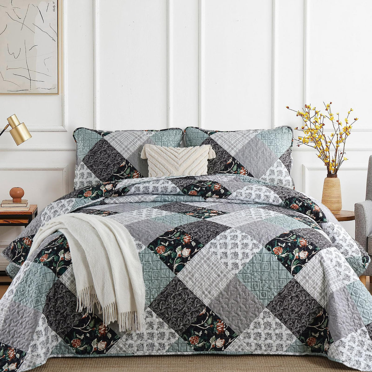 Xruibed Patchwork Quilt Set King Size, 3 Pcs Green Plaid Bedspread Set