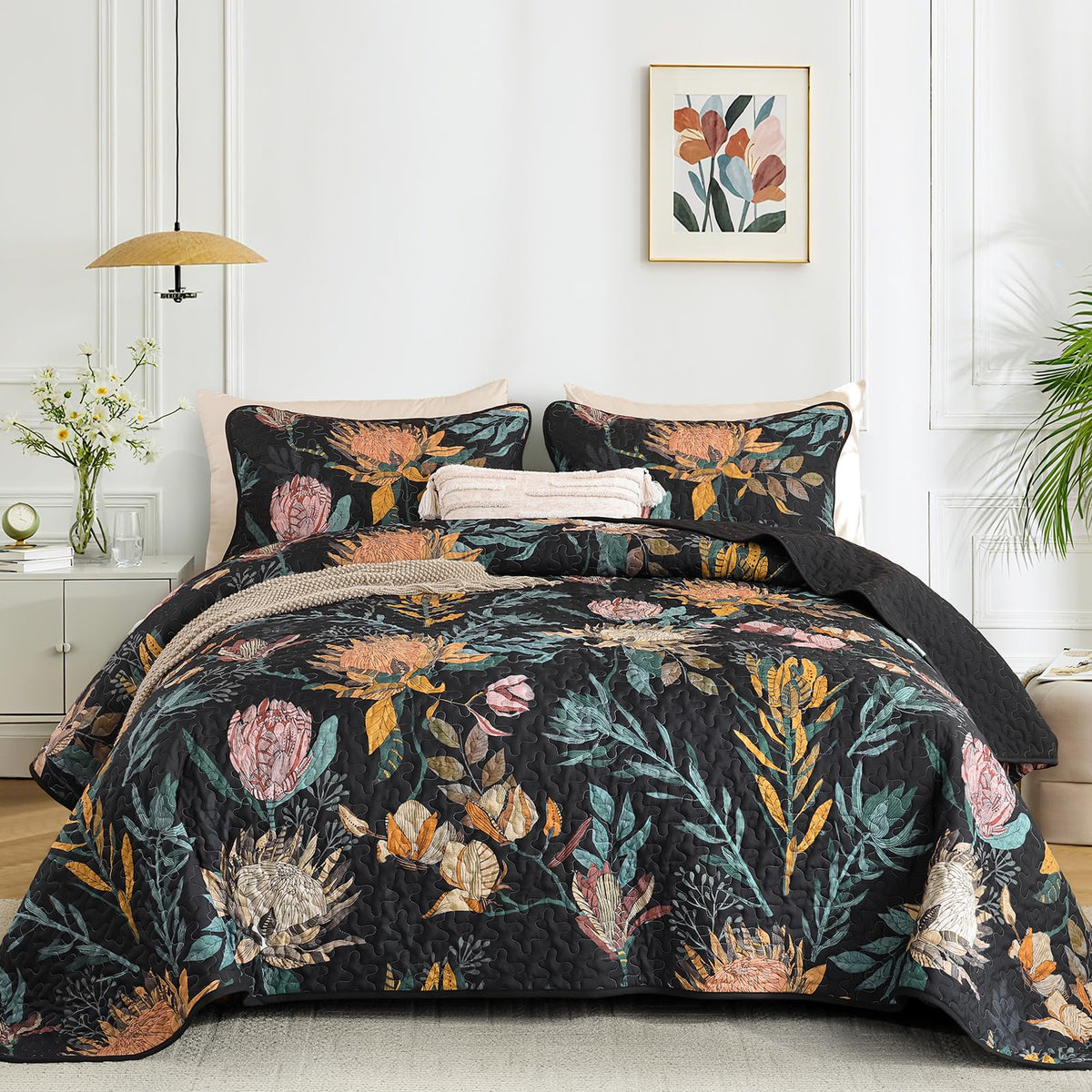 Dintszyayue Quilt King Size Green, 3 Pcs Boho Floral Bedspread Bedding Set