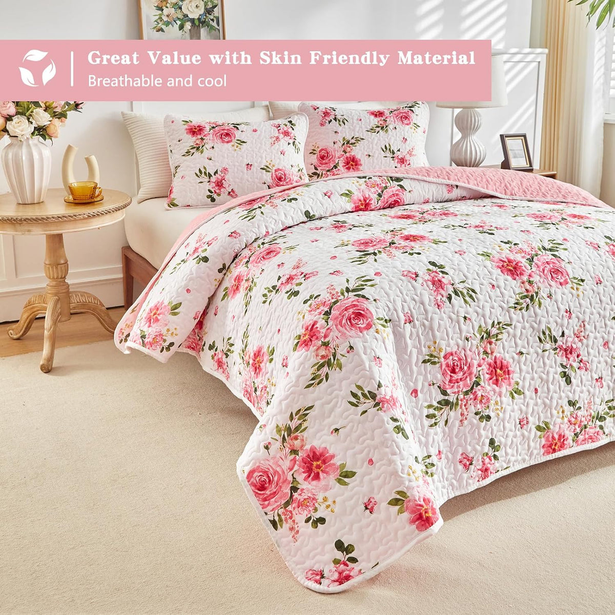 UOZZI BEDDING Floral Quilt Set 3 Pieces Queen Size White Pink Flower Soft Microfiber Lightweight Summer Reversible Coverlet Bedspread for All Season -1 Quilt 88 * 88 + 2 Pillow Shams