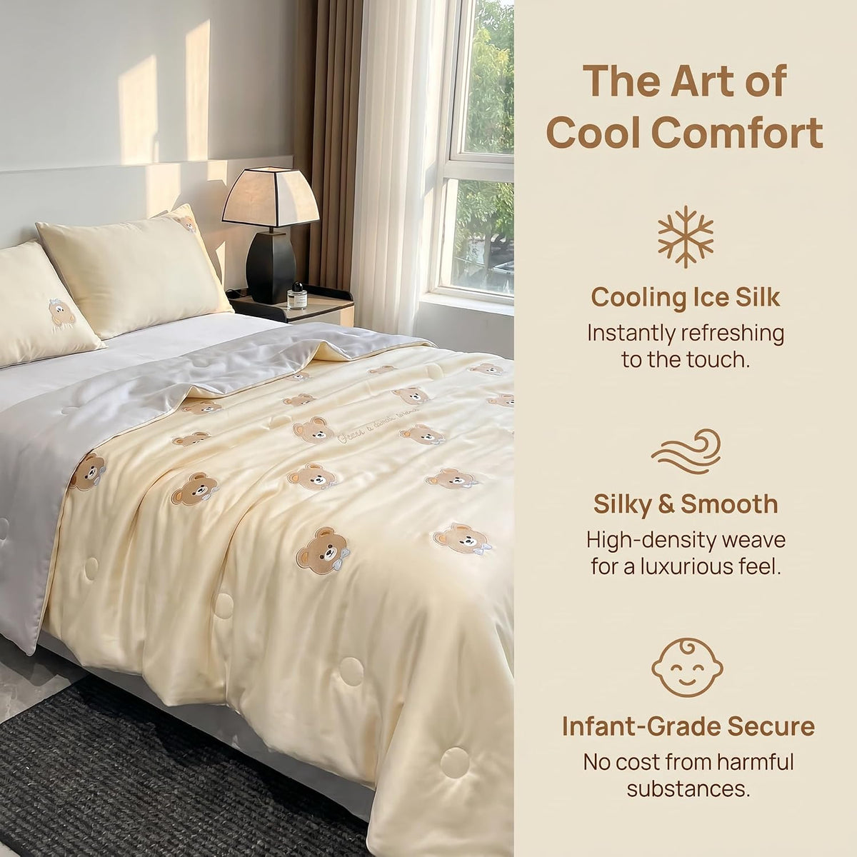 4-Piece Set Cooling Ice Silk Summer Quilt with Bear Embroidery Breathable Soft Bedding for Hot Sleepers