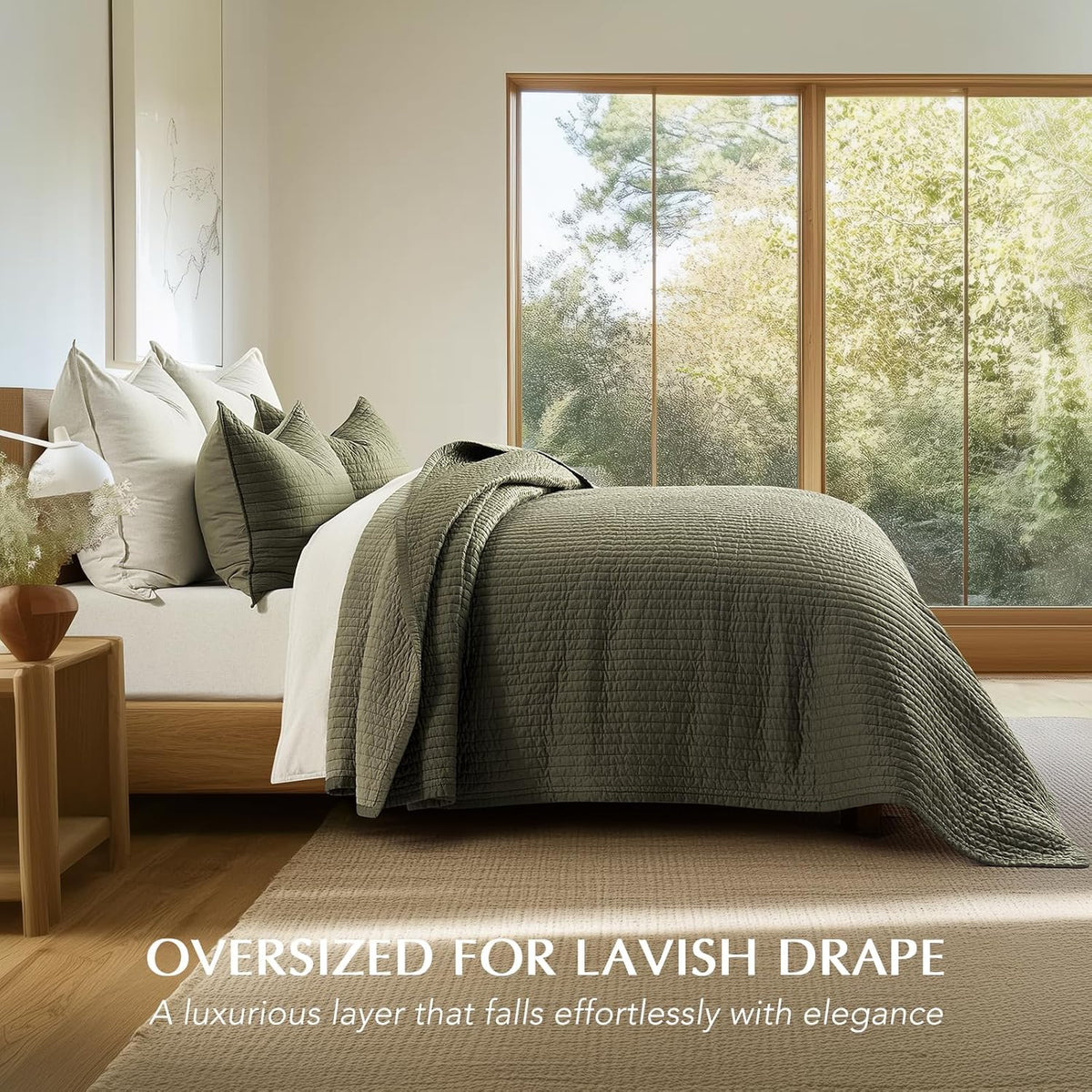 EVERGRACEHOME Cotton Sateen Quilt Set, King Size, Olive Green