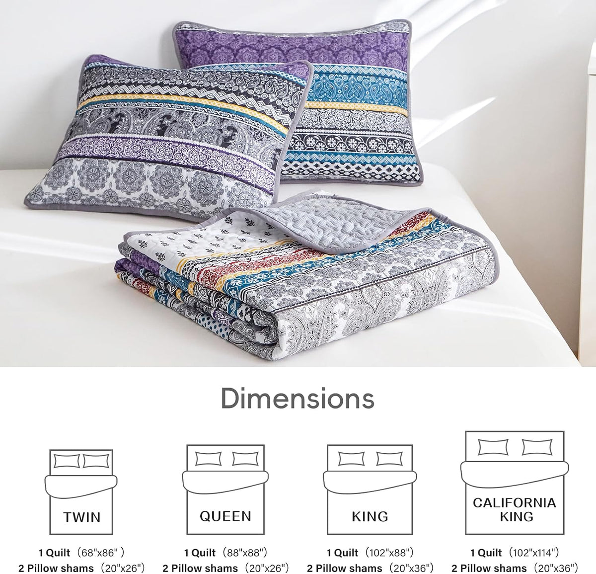 3 Pieces Colorful Boho Quilt Set Full Queen Size, Purple n Grey Bohemian Striped Printed Bedding Bedspread Coverlet Set for Summer, Soft Lightweight Microfiber Quilt with 2 Shams (88x88 inces)