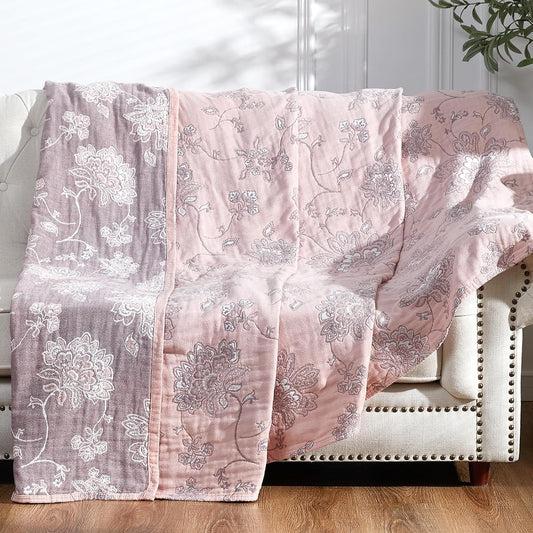 jinchan 100% Cotton Muslin Blanket Twin Boho Throw Blanket 50x60 Pink Multi