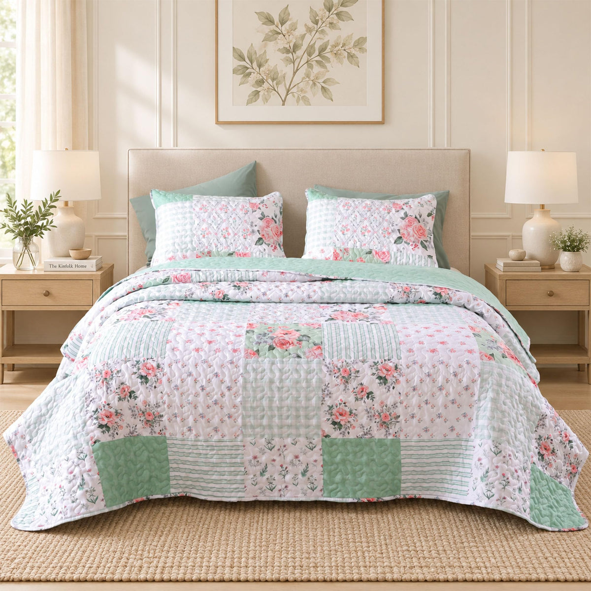 YIKUSH Floral Quilt Set Queen Size – Ultra Soft Lightweight Bedspread, 3 Piece Pink Bedding Set (90"x90") with Pillowcases (20"x26"), All Season Coverlet for Bedroom & Guest Room
