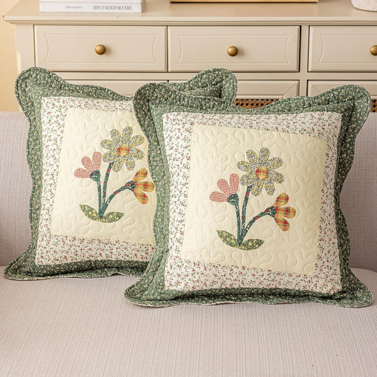 vctops Set of 2 Cotton Quilted Decorative Square Throw Pillow Covers with Scalloped Floral Pattern Soft Cushion Case for Couch Sofa Bed (Green,18"x18")