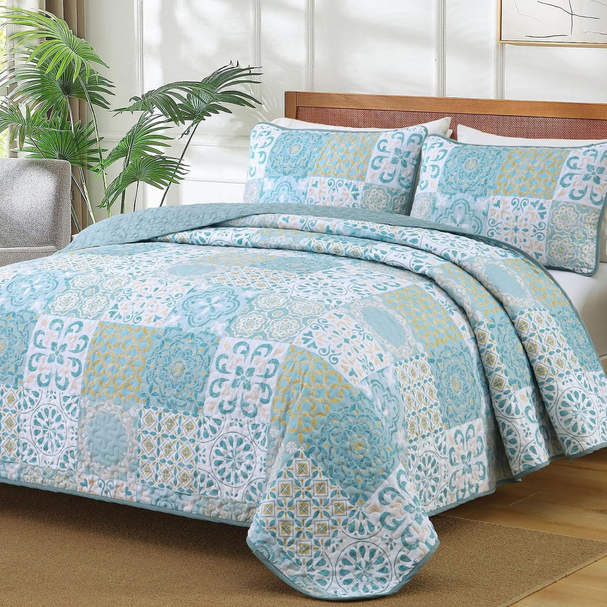 Dobuyly Queen Quilt Set Aqua Blue Patchwork Bedspread 3 Piece