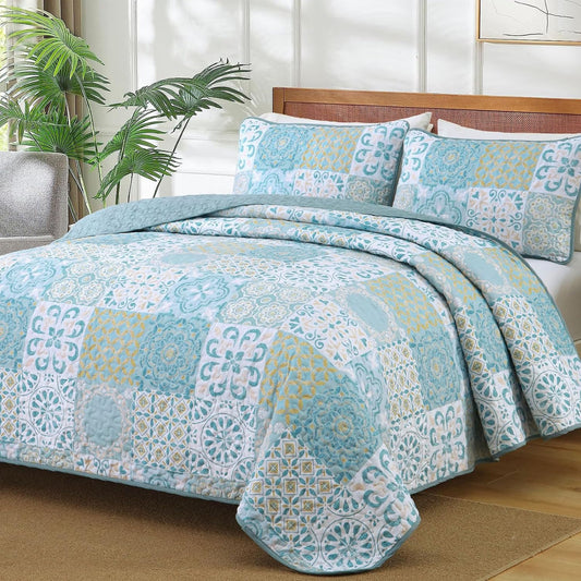Dobuyly Queen Quilt Set Aqua Blue Patchwork Bedspread 3 Piece
