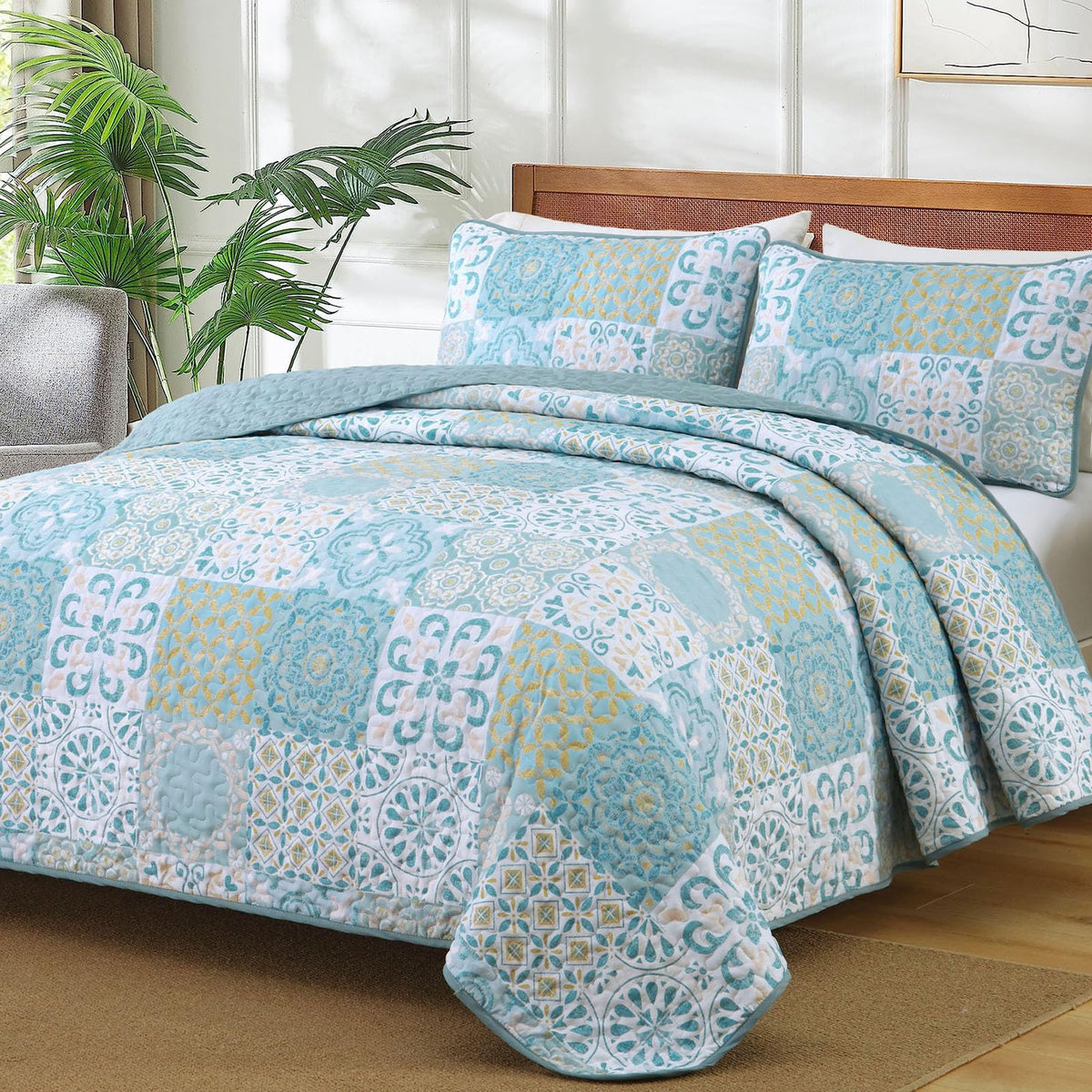 Dobuyly Queen Quilt Set Aqua Blue Patchwork Bedspread 3 Piece